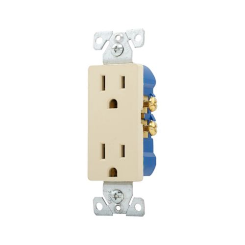 Eaton 15A ivory decorator duplex receptacle for wiring devices, 125V, with two standard electrical outlets and sleek finish.