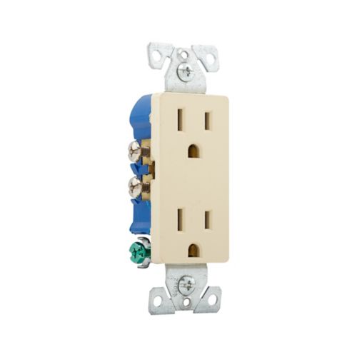 Eaton 15A Ivory Decorator Duplex Receptacle in 125V with wiring devices and Cooper branding, showing the front view of the electrical outlet.