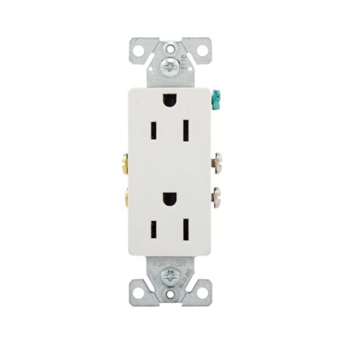 White Eaton 15A decorator duplex receptacle by Cooper, showing the standard 125V wiring device with two outlets and mounting screws.