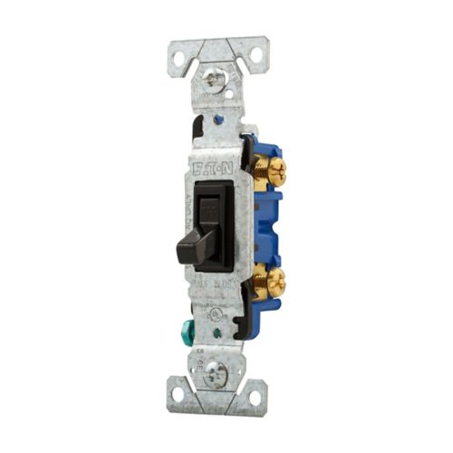 Black Eaton single pole 15A toggle switch for 125V wiring devices by Cooper, showing the switch in a switched position.