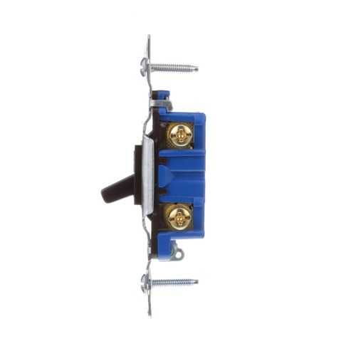 Eaton Cooper single pole 15A brown toggle switch for 125V wiring devices, showing the switch with brown plastic cover and metal contacts.