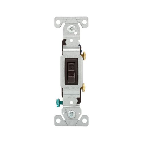 Eaton Cooper single pole 15A toggle switch in brown for 125V wiring applications, showing the switch and mounting hardware.