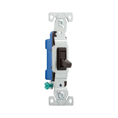 Cooper Eaton single pole 15A toggle switch in brown for 125V wiring devices, featuring a standard switch design and electrical connection