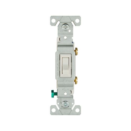 White Eaton 15A single-pole toggle switch by Cooper, designed for 120V wiring devices, with a standard toggle and switch mechanism.