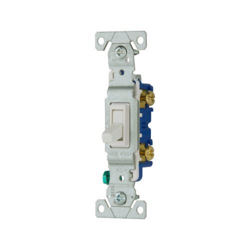 Eaton Cooper 15A single-pole toggle switch in white for 120V wiring devices, with lever handle and mounting bracket.