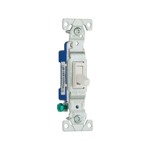 White Eaton 15A single-pole toggle switch for 120V, by Cooper, used for wiring and electrical control in residential and commercial settings.