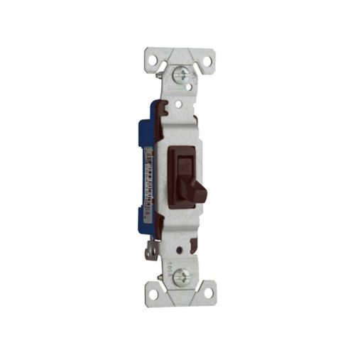 Eaton 15A single-pole brown toggle switch for 120V wiring devices, with a Cooper brand label and electrical connection terminals.