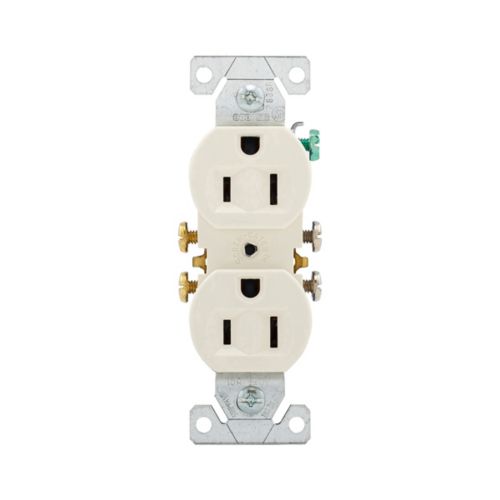 Eaton 15A residential duplex receptacle in light almond color, shown in a box of 10 wiring devices by Cooper.