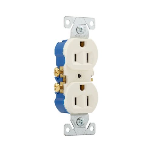 Light almond Eaton 15A residential duplex receptacle by Cooper, wiring device, shown in a box of 10, with two standard outlets.