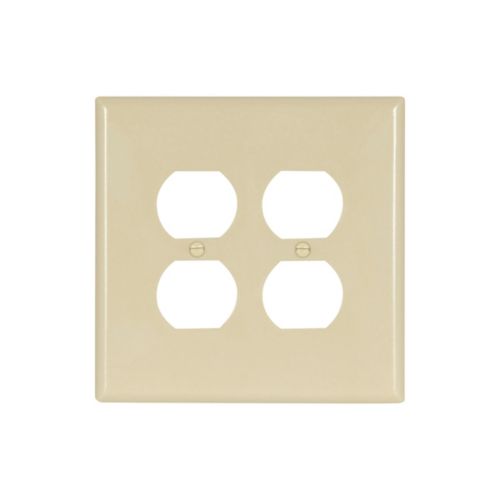 Eaton ivory 2-gang oversized duplex receptacle wallplate by Cooper, wiring device with smooth finish and sturdy construction.
