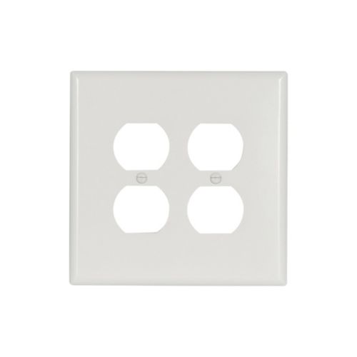 White Eaton oversized 2-gang duplex receptacle wallplate by Cooper, designed for wiring devices and easy wall installation.