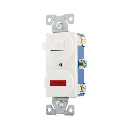 White Eaton 15A single pole combination switch with pilot light, commercial grade wiring device by Cooper.