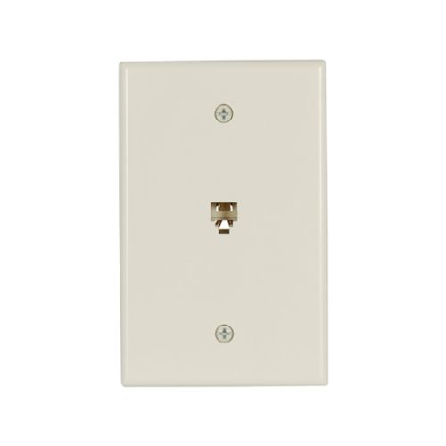 Light almond wallplate for telephone jack with four-conductor wiring, made of thermoplastic, mid-size, Cooper wiring device.