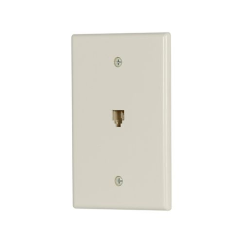 Light almond Cooper wallplate with four-conductor telephone jack, thermoplastic mid-size wiring device for wall mounting.