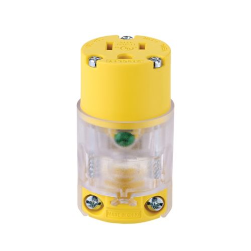 Eaton lighted straight blade power connector by Cooper, 15A, #18-12 AWG, 125V, showing the illuminated indicator and wiring terminals.