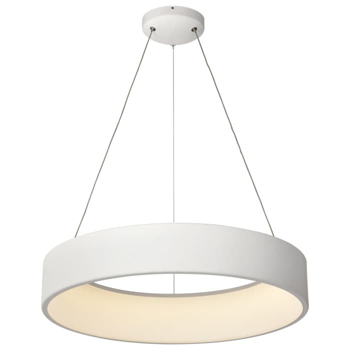 Satco LED 30 Watt 25.5-inch white orbit hollow circle pendant light, CCT adjustable LED lighting fixture for modern interiors.