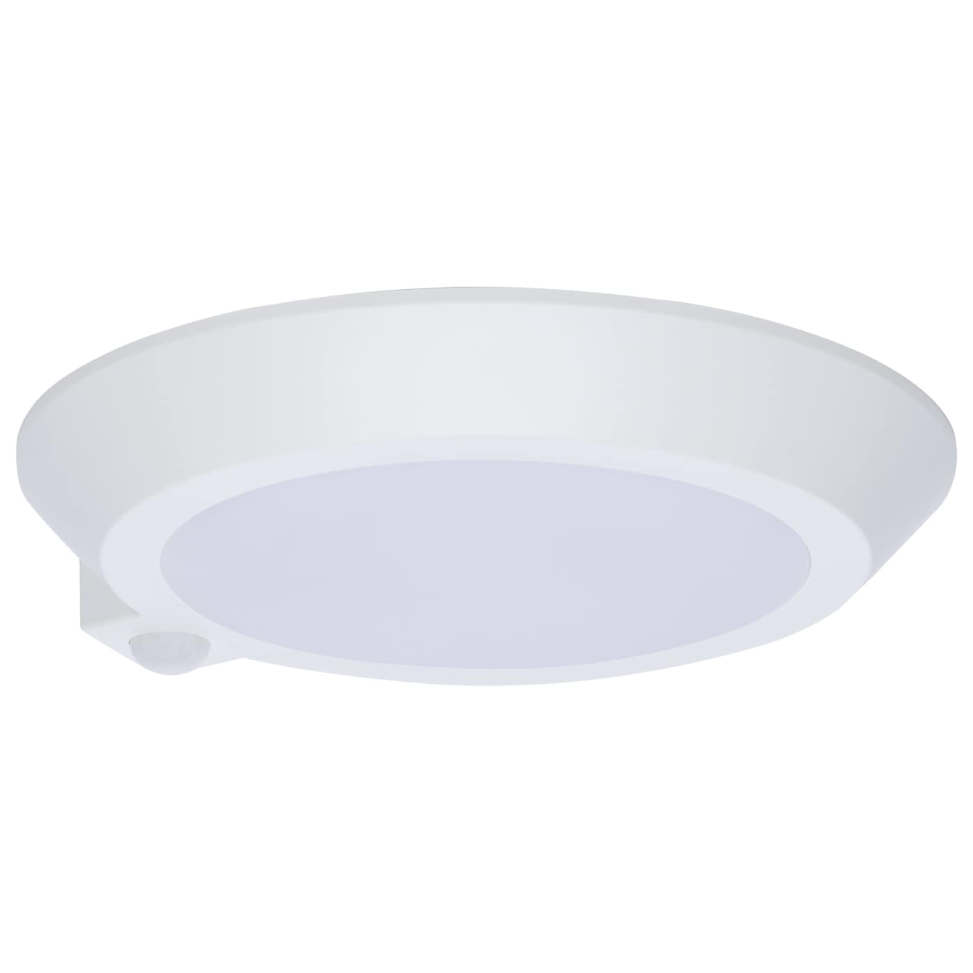 Satco 10-inch white surface mount LED disk light with occupancy sensor and adjustable CCT for ceiling lighting.