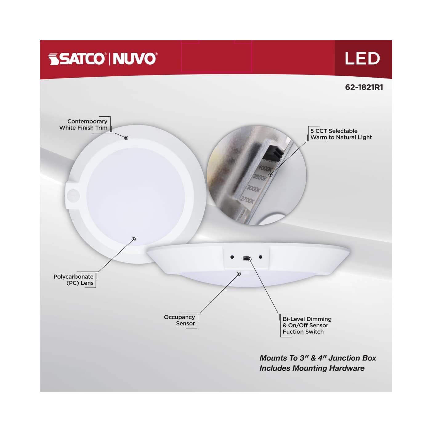 Satco 10-inch white LED surface mount disk light with occupancy sensor and adjustable CCT, designed for ceiling installation.
