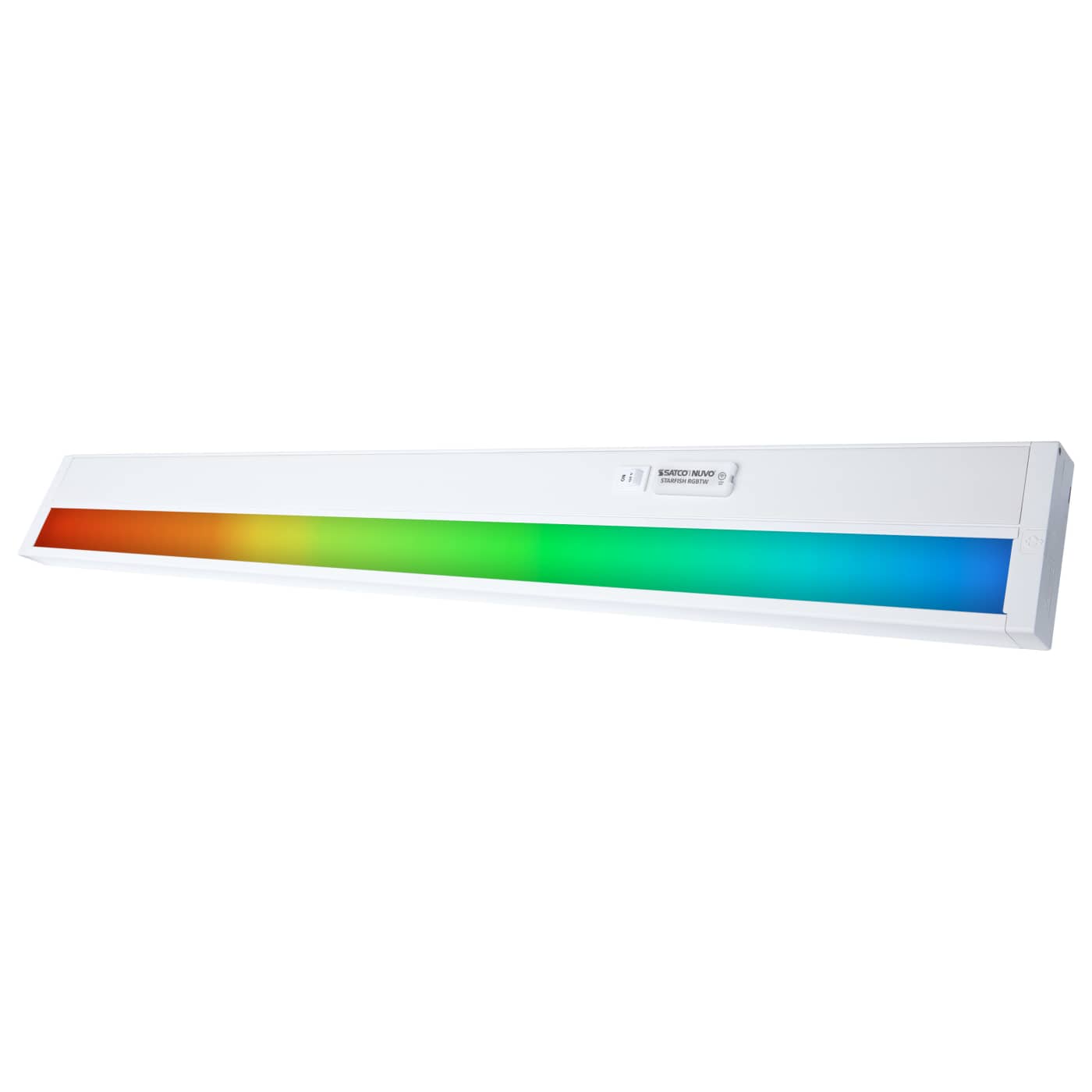Satco 34-inch LED under cabinet light with RGB and tunable white options, white finish, ideal for kitchen or workspace lighting.