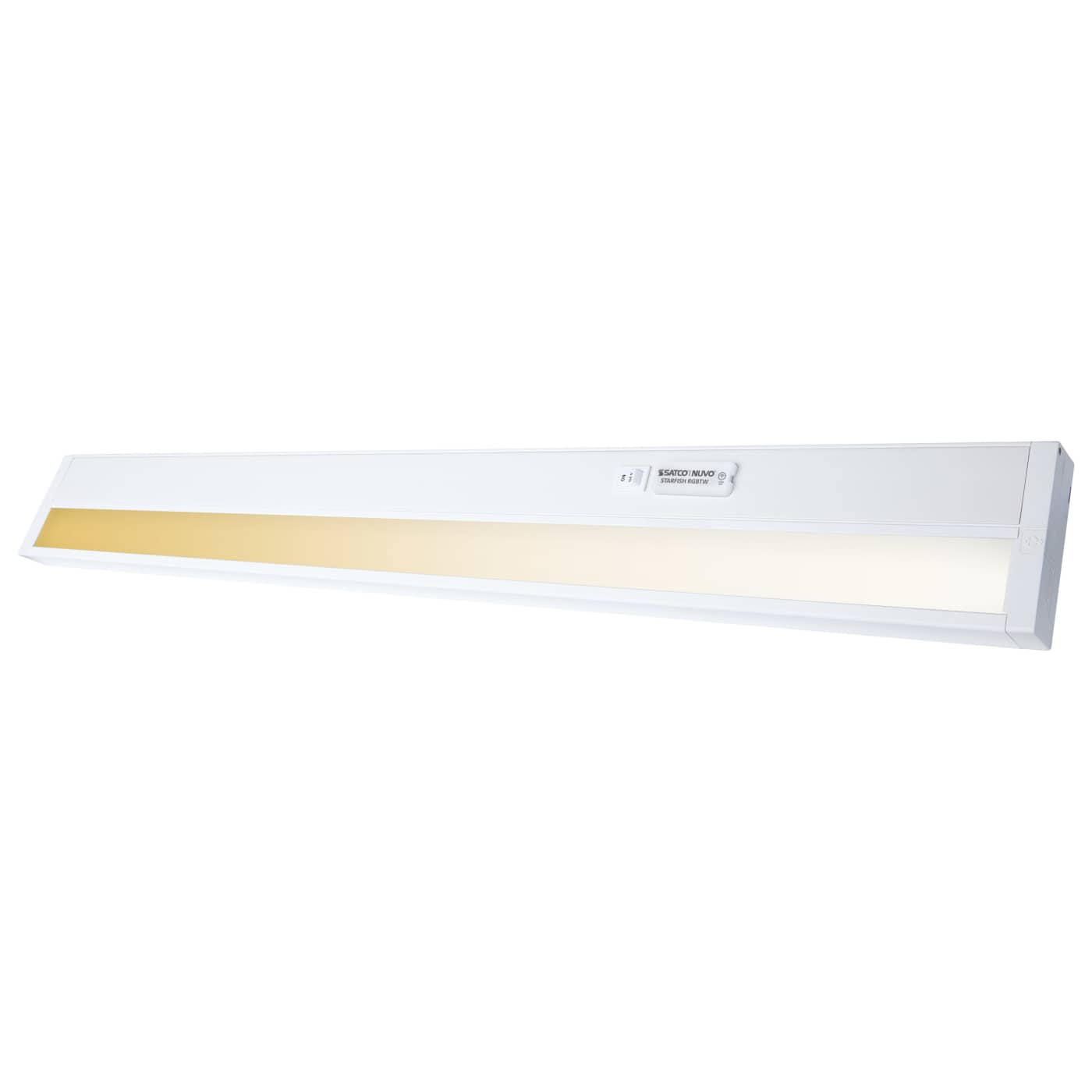 Satco 34-inch LED under cabinet light with RGB and tunable white options, white finish, ideal for kitchen or display lighting.