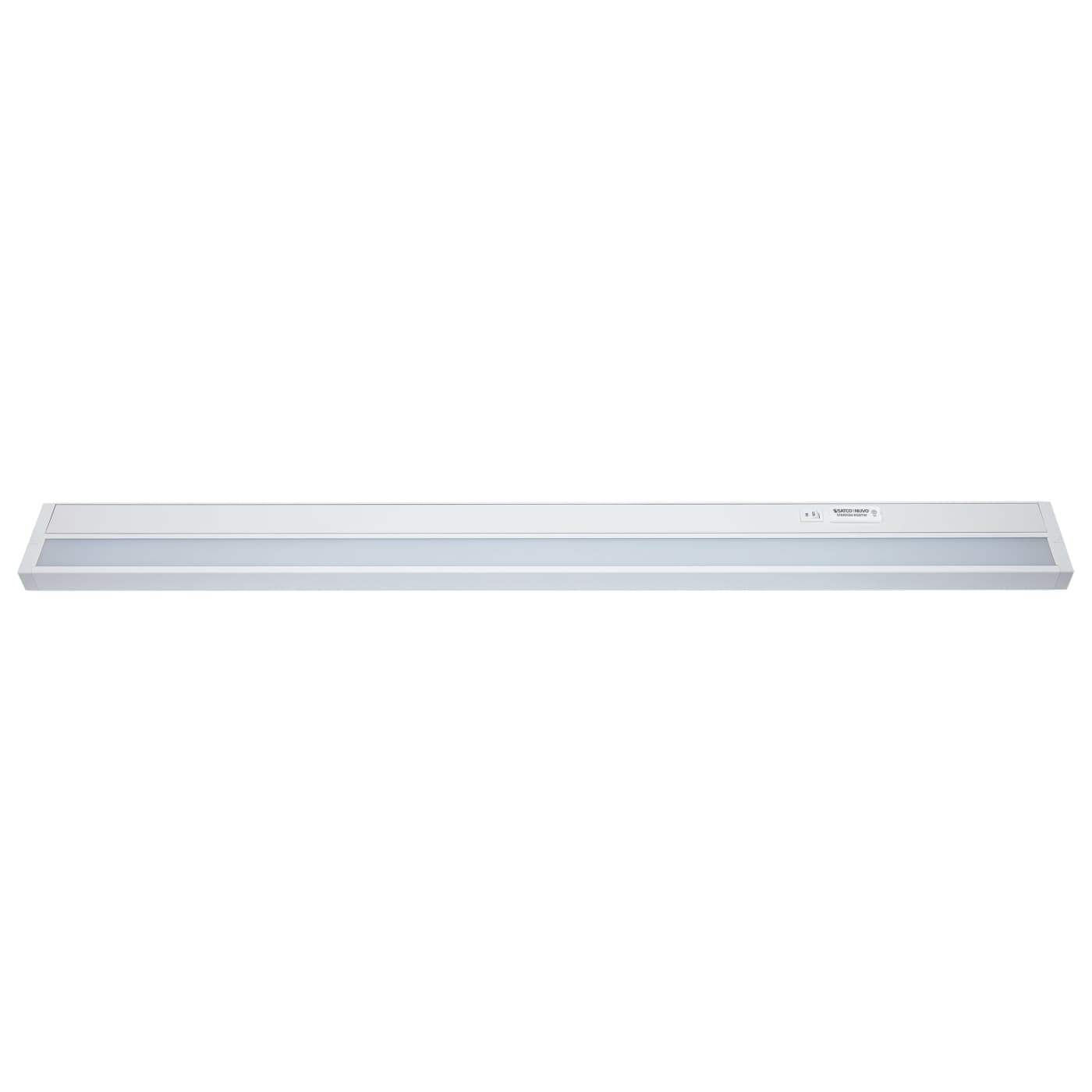 Satco 34-inch LED under cabinet light with RGB and tunable white, white finish, ideal for kitchen or workspace lighting.