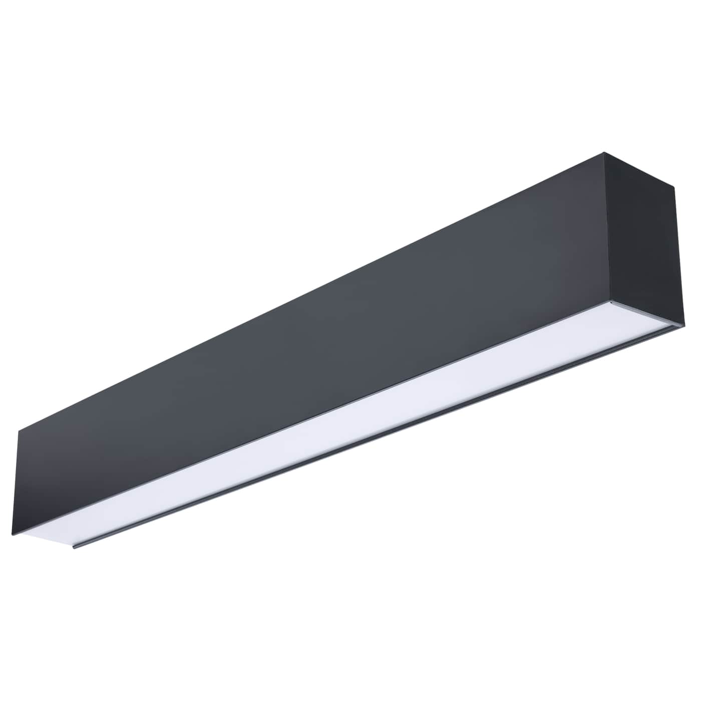 Black 2-foot LED architectural linear strip light with up and down selectable CCT, designed for ceiling installation by Satco.