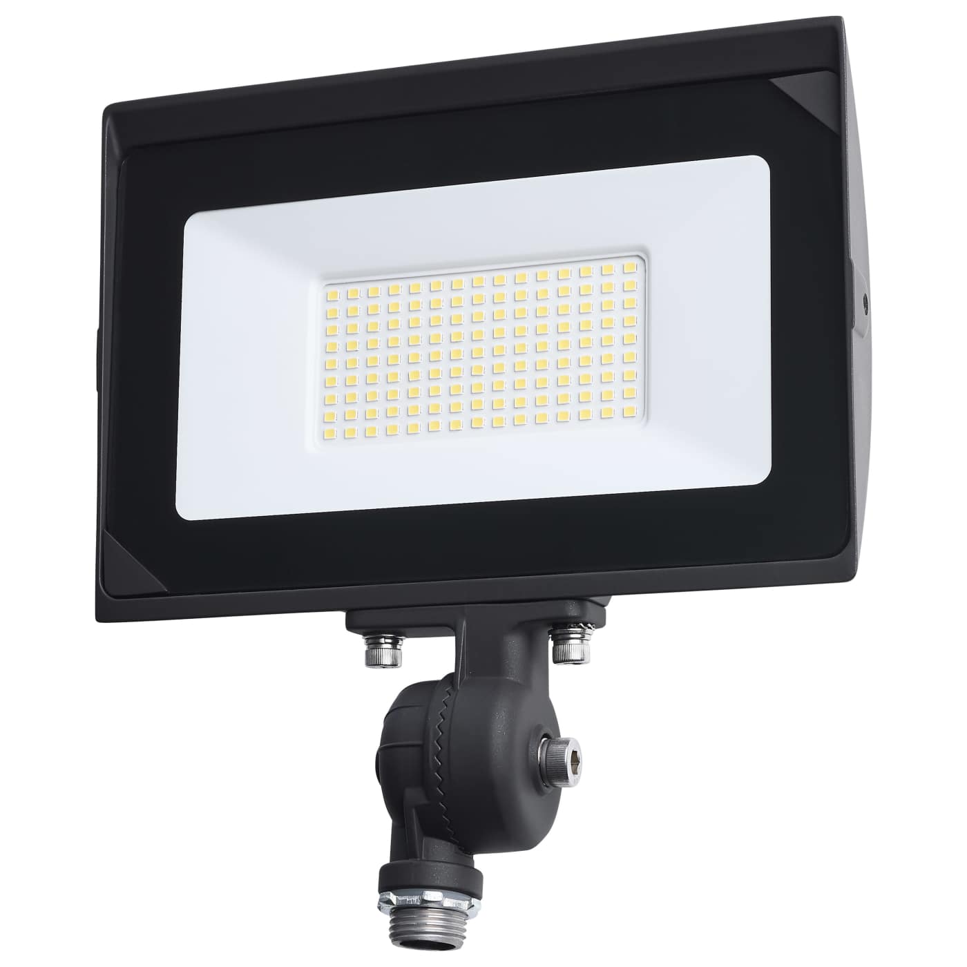 Satco 80W LED flood light with bronze finish, tempered glass lens, 5000K daylight color temperature, for outdoor lighting.
