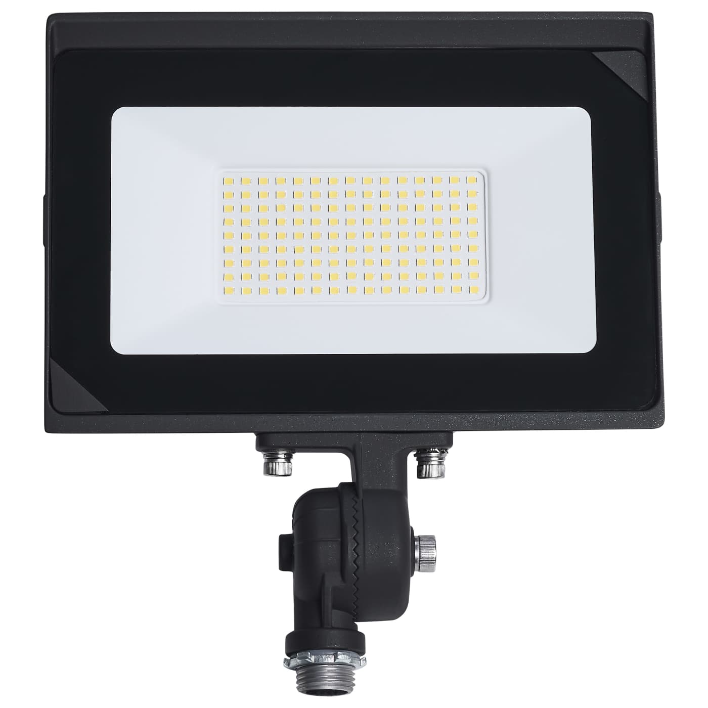 Satco LED 80W flood light with bronze finish, tempered glass lens, 5000K color temperature, outdoor durable lighting fixture.