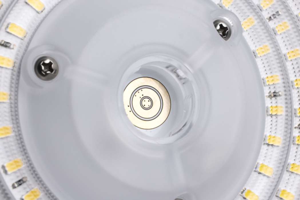 Satco 100W UFO LED High Bay fixture in white, 5000K, 14400 lumens, suitable for 120-277V industrial lighting.