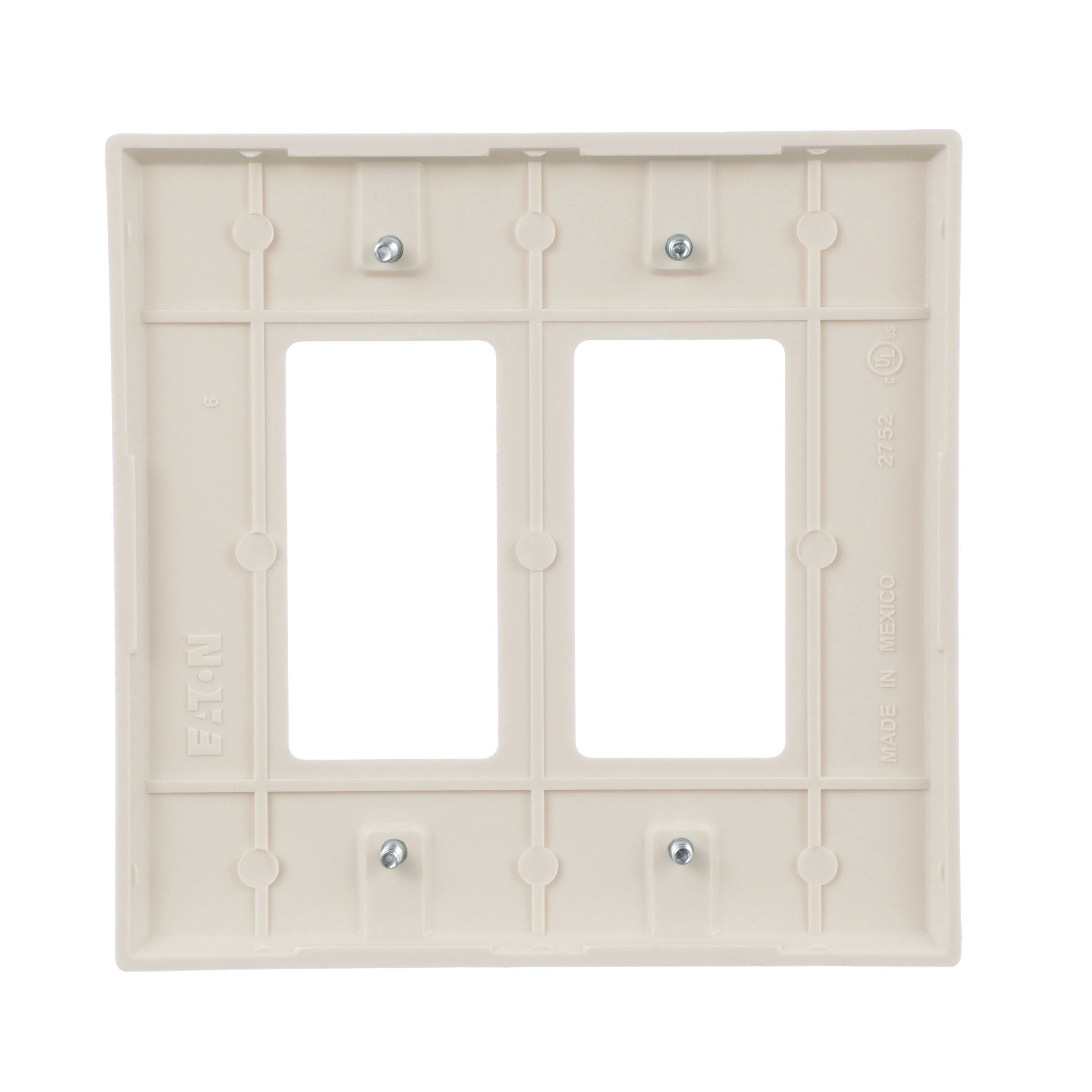 White Eaton Jumbo Size 2-Gang Decora wallplate by Cooper, wiring device with a smooth finish and screw holes for easy installation.