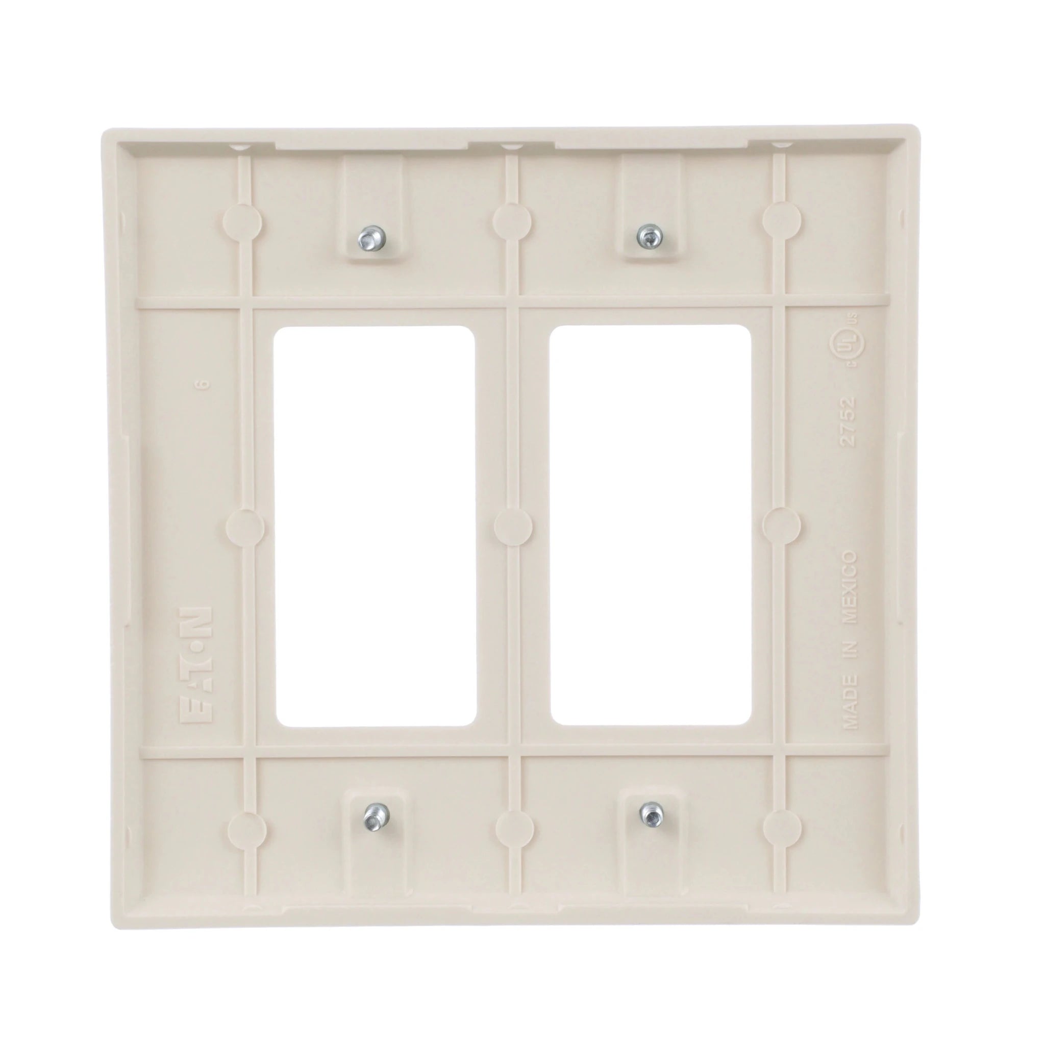 White Eaton Jumbo Size 2-Gang Decora wallplate by Cooper, wiring device with a smooth finish and screw holes for easy installation.