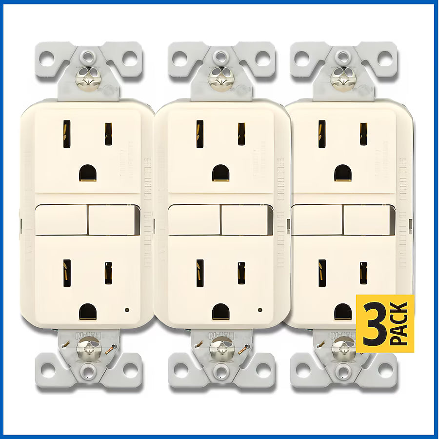 Cooper Eaton tamper-resistant self-test GFCI outlet, 15A, 125V, light almond, slim design, three-pack for wiring devices.