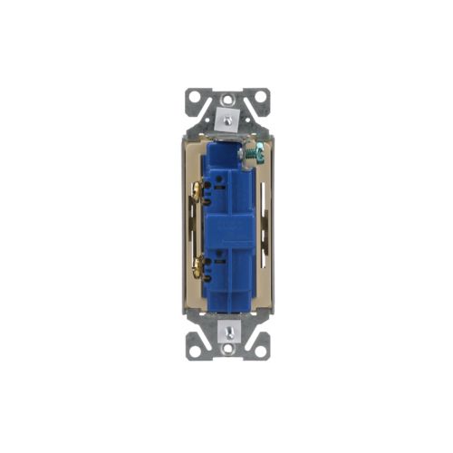 Eaton 15A decorator switch in light almond color, mounted on wall, for standard wiring devices by Cooper.