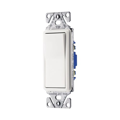 White Eaton 15A standard grade 3-way decorator switch by Cooper, showing the switch with wiring and mounting hardware.