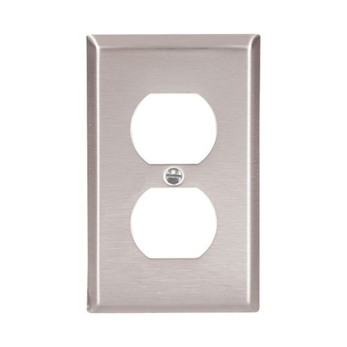 Eaton stainless steel duplex receptacle wallplate from Cooper, sturdy wiring device cover with a sleek metallic finish.