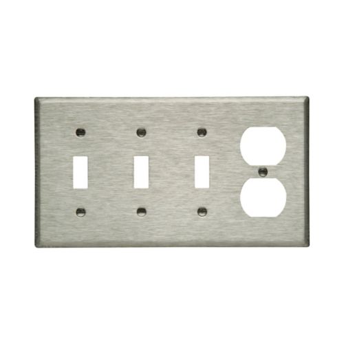 Eaton 4-gang stainless steel wallplate with four toggle switches and duplex receptacle cutout, suitable for wiring devices by Cooper.