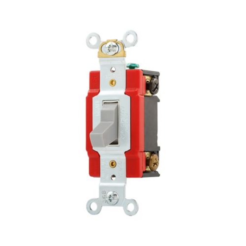 Gray Eaton 20A industrial toggle switch by Cooper, featuring wiring terminals and durable construction for heavy-duty electrical use.