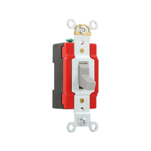 Gray Eaton 20A industrial toggle switch by Cooper, featuring wiring terminals for 120/277V electrical control applications.