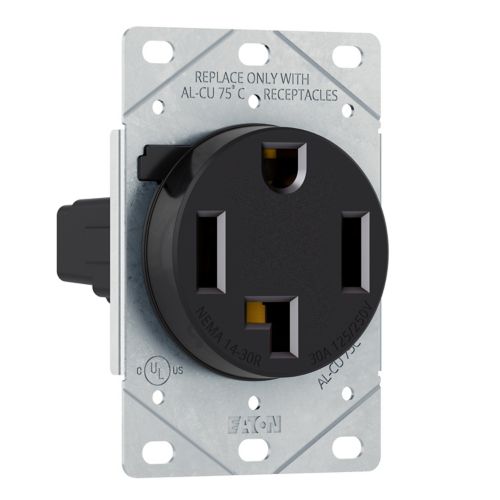 Black Eaton flush mount 30A receptacle for heavy-duty wiring devices, rated 125/250V, by Cooper.