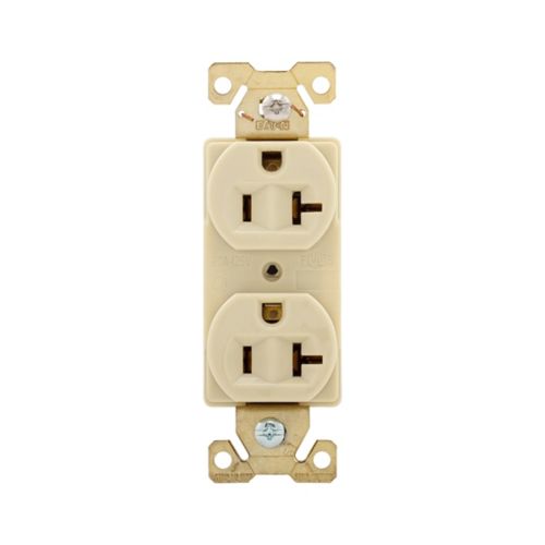 Eaton 20 Amp 125V heavy-duty industrial duplex outlet receptacle in ivory, wiring device by Cooper, mounted on electrical box.