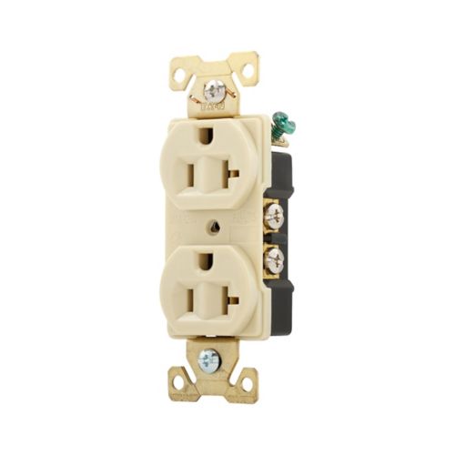 Eaton 20 Amp 125V Ivory heavy-duty industrial duplex outlet receptacle, wiring device by Cooper, showing electrical connection points
