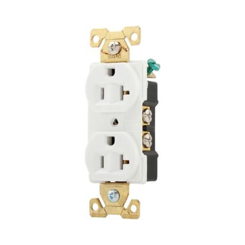 White Eaton heavy-duty 20 Amp 125V receptacle from Cooper, designed for durable electrical wiring applications.