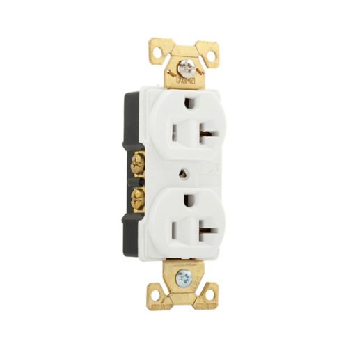 White Eaton heavy-duty 20 Amp 125V receptacle, Cooper wiring device with durable spec grade design and secure electrical connection.