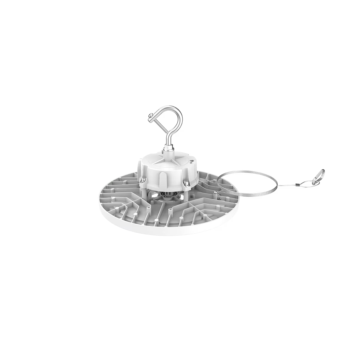 Eiko LED White Round High Bay light with PowerSET 150/120/100 and OpticSET 60/90 for commercial lighting applications