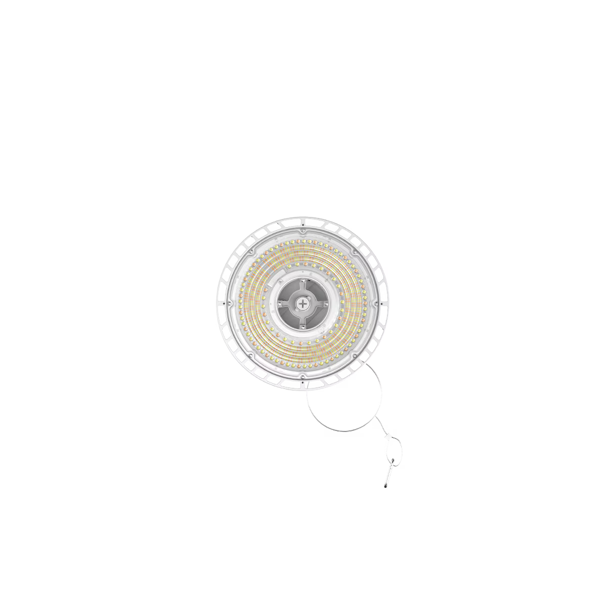 Eiko LED White Round High Bay light with PowerSET and OpticSET options, ideal for industrial or warehouse lighting.