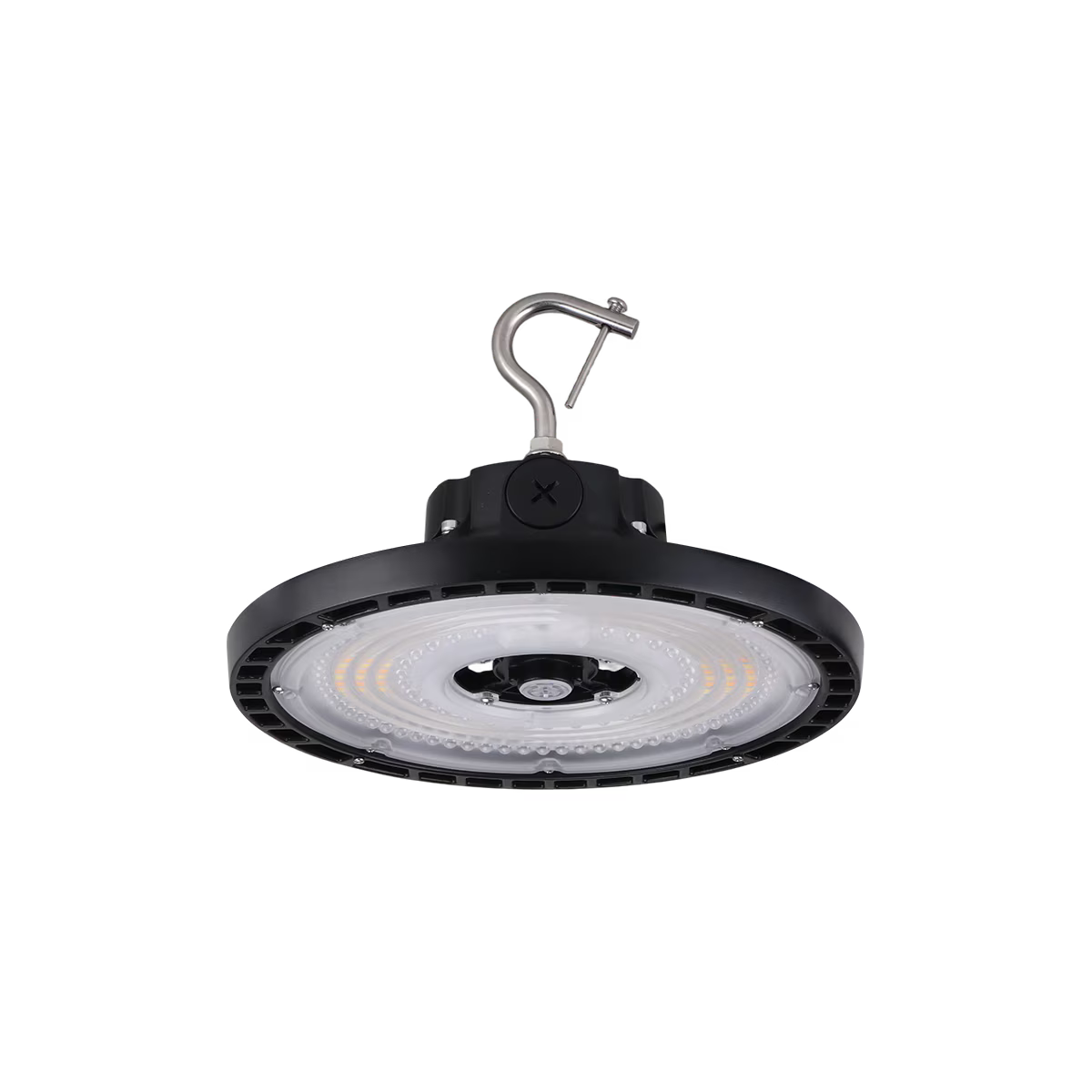 Eiko LED black round high bay light with PowerSET 150/120/100 and OpticSET 60/90, featuring adjustable CCT for commercial lighting.