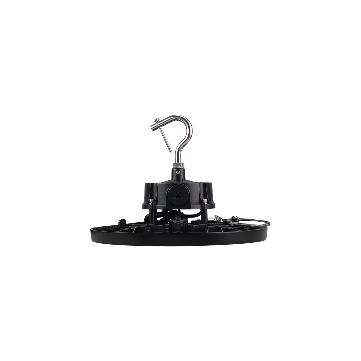 Eiko LED black round high bay light with adjustable optics and CCT options, ideal for industrial or warehouse lighting.