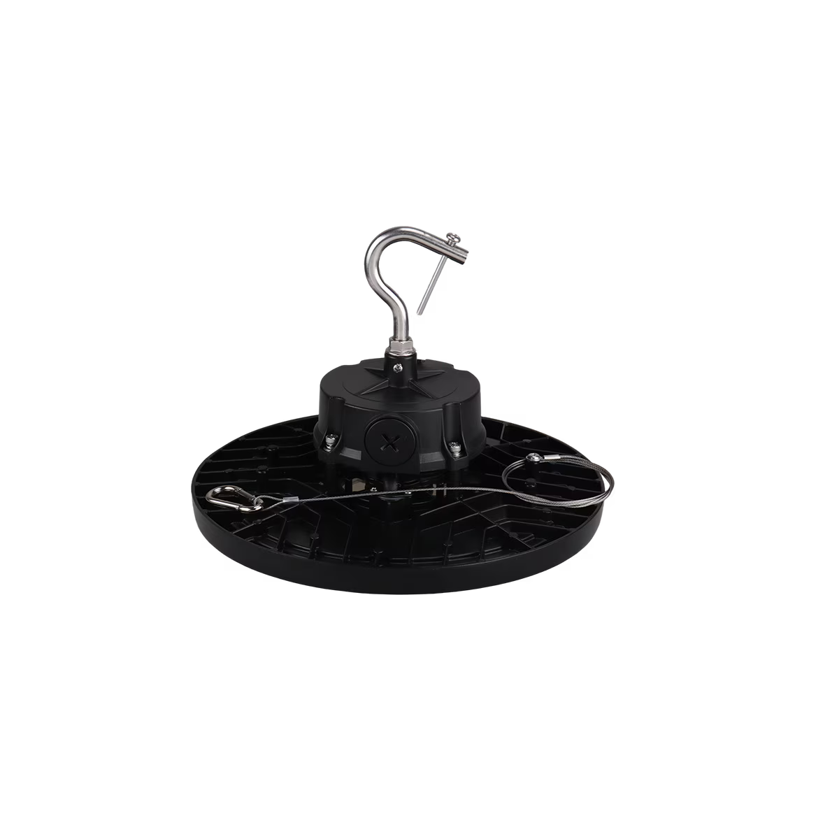 Eiko LED black round high bay light with adjustable CCT, PowerSET 150/120/100, OpticSET 60/90 for industrial or warehouse lighting.