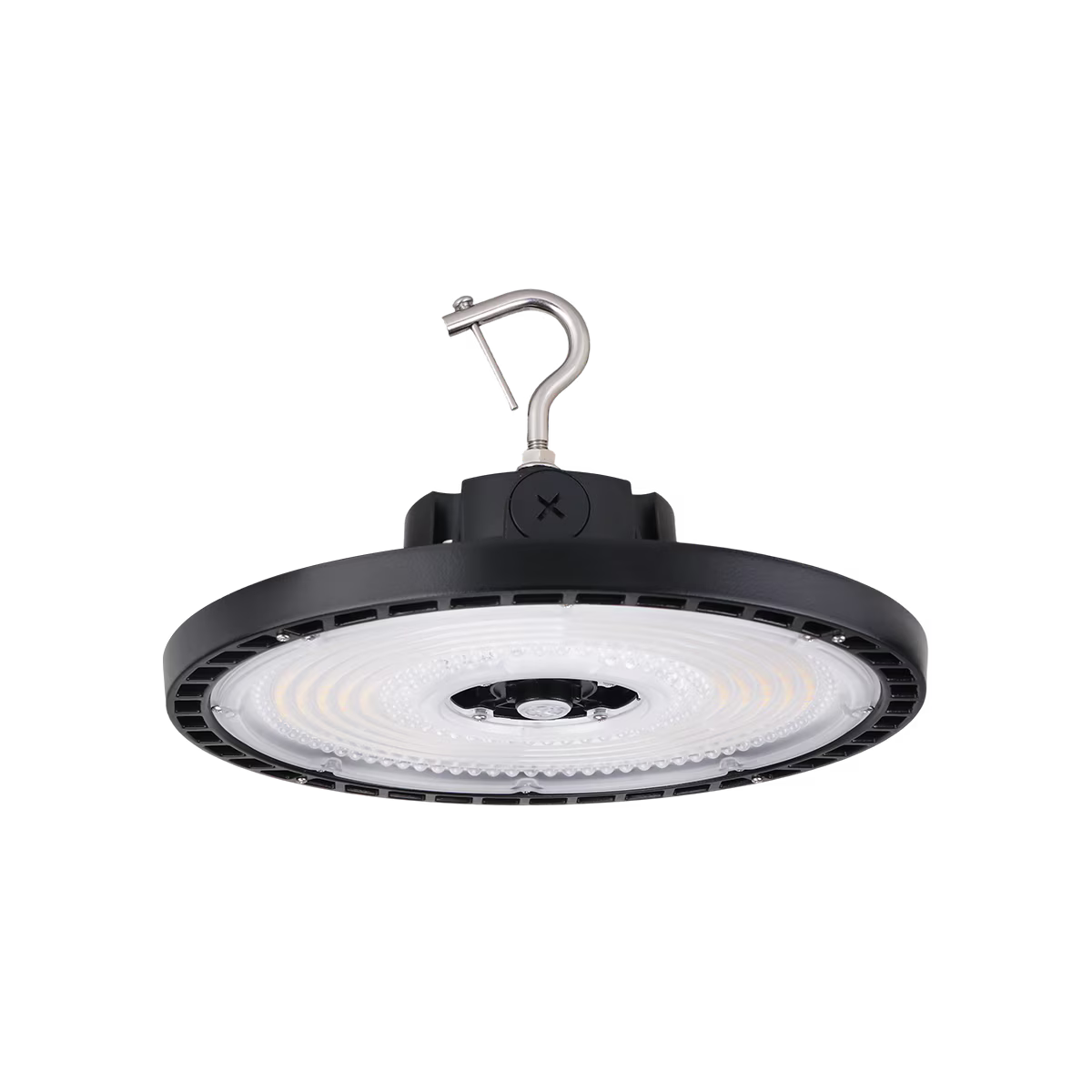 Eiko LED black round high bay fixture with 150-240W power, optic options 60/90, adjustable CCT for industrial lighting.