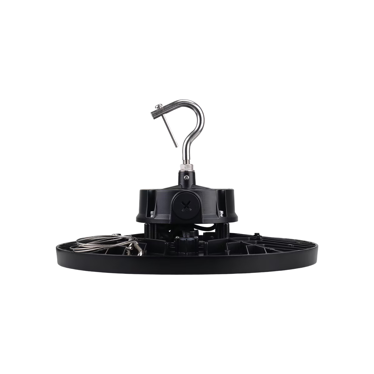 Eiko LED black round high bay fixture with 150/200/240W power options and optic set for optimal lighting.